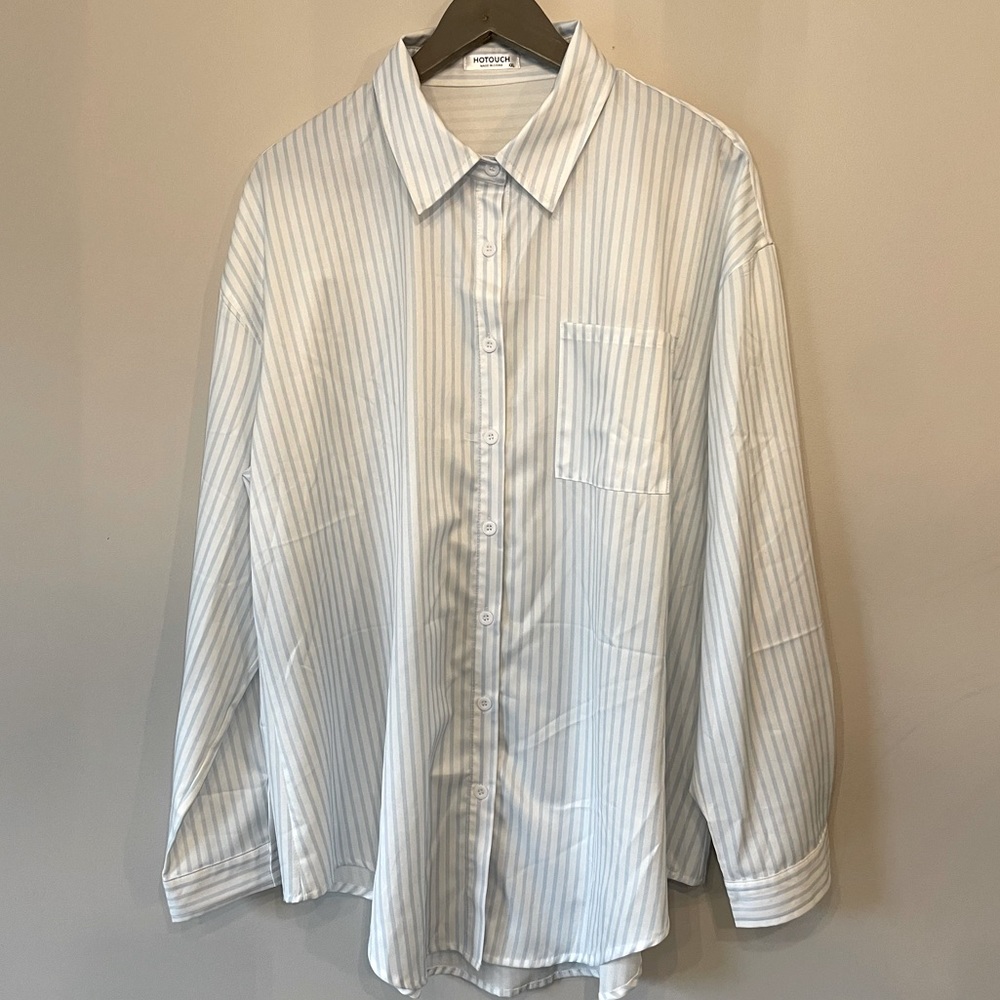 White & light blue striped silky smooth button down.